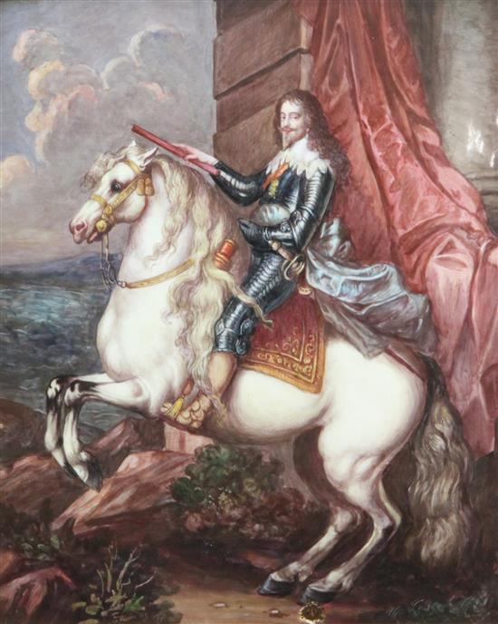 Follower of Henry Bone (1755-1834) - Equestrian portrait of Charles I, oil on copper panel